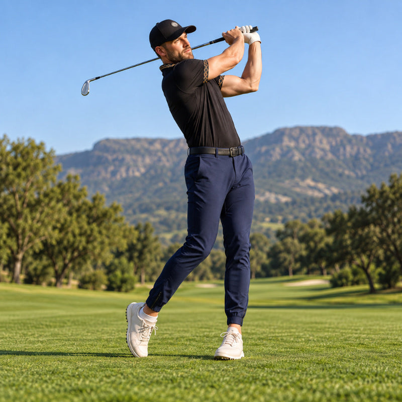A man in a black polo shirt, navy pants, white golf shoes, and a black cap is captured mid-swing on a golf course with mountains in the background.
